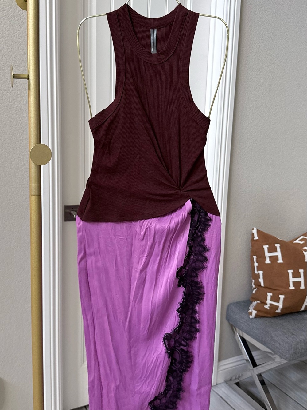 Anthropologie Asymmetrical Burgundy Tank with Lavender Skirt and Black Lace